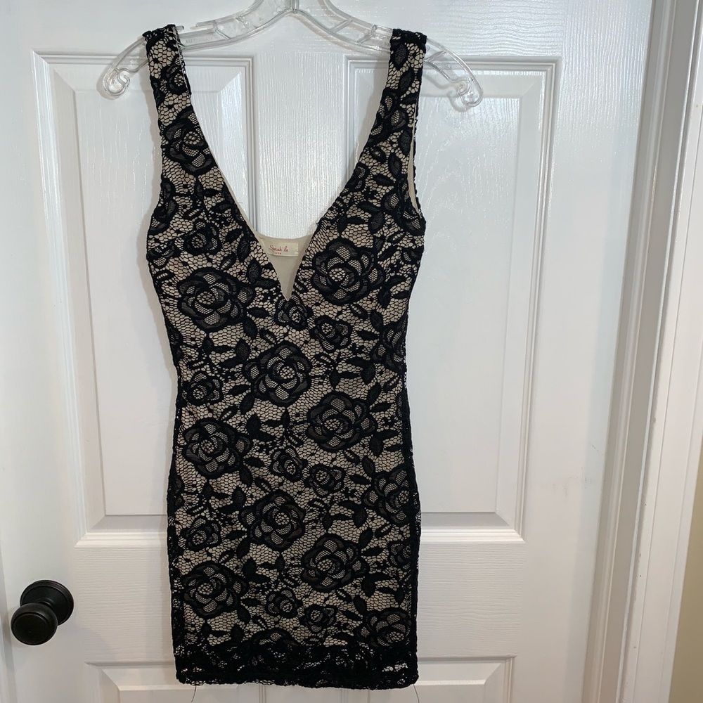 Deep V black lace overlay dress